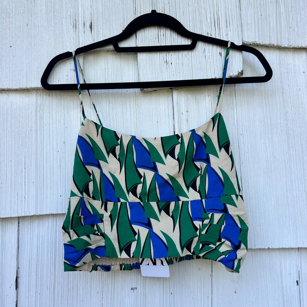 Zara Women's Smocked Cropped Tank Top Blue Green Print Spaghetti Straps L - Picture 2 of 9